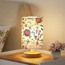 Red Rose Patterns Desk Lamp LED Bulb Included(Three Lighting Settings), Small Bedside Table Lamp - Classic Wood Base With Flaxen Fabric Shade, Lamps For Night Stands, Simple Nightstand Light For Bedroom, Office, Desk - 彩色 - 查看 11