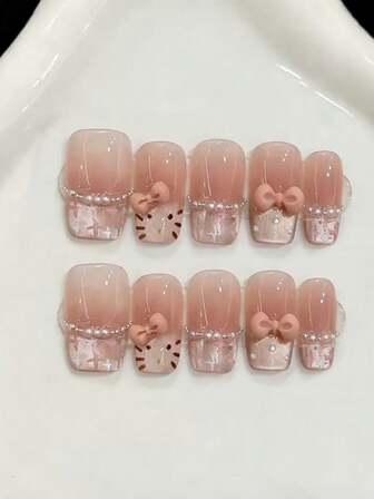 10 st. handgjorda press-on-naglar i mitten av kista för fest och vardagsbruk, rosa naglar, glänsande och bländande, rosa rosett, lätta att bära. 10 st. Y2K-handgjorda press-on-naglar, glänsande starka, naglar, lämpliga för tjejer och kvinnor, festivaler, fester och vardagsbruk.