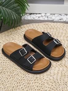 Women's Double Buckle Decor Fashion Round Toe Low Heel Flat Sandals, Comfortable Black Slide Slippers, Casual For Indoor & Outdoor Wear, Summer - Black - View 6