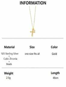 1pc S925 Sterling Silver Vintage Hollow Floral Cross Zirconia Pearl Pendant Necklace, Fashionable Luxurious Elegant Personalized Gold Color Necklace, Exquisite Gift For Girlfriend Or Best Friend - Gold - View 9