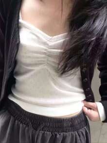 柔软甜美奶油色圆领褶裥长袖T恤，韩版 - 白色 - 查看 4