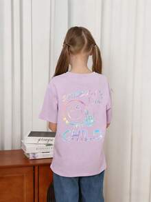 Tween Girls' Casual Funny Graphic Print Crew Neck Short Sleeve T-Shirt, Summer Top - Purple - View 2