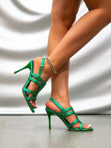 Women's Summer Bright Green Stiletto Open Toe Sandals, Buckle Criss-Cross Strap Strap Design, Elegant Versatile Outdoor Fairy Style High Heel Sandals - Green - View 2