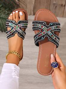 女士平底凉鞋，度假风黑色仿珍珠时尚金属扣水钻沙滩拖鞋，2026春夏款 - 黑色 - 查看 1