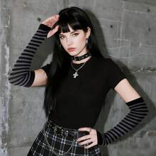 Nydotd Fingerless Long Sleeve Mittens Gloves Y2K Kawaii Japanese Harajuku Gothic Punk Knitted Striped Arm Warmer For Women,BlackGrey - 黑灰色 - 查看 4