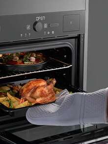 1pc Kitchen Silicone Heat Resistant Glove, High Temperature Baking Oven Glove, Thick Honeycomb Microwave Oven Glove - Grey - View 3