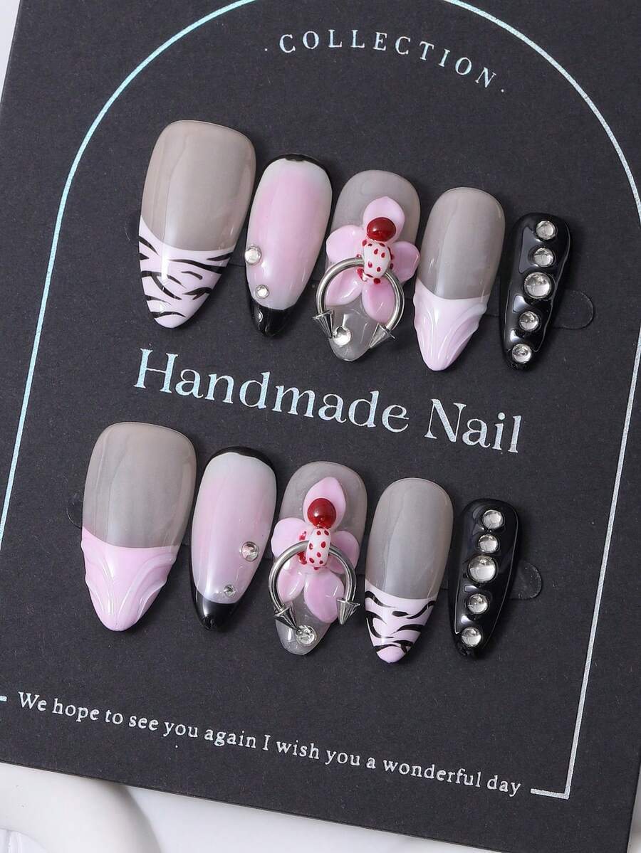 Bộ 10 miếng dán móng tay hình hạnh nhân thủ công, phong cách Pháp màu hồng Y2K, họa tiết chạm khắc 3D, thiết kế đính đá hình ngựa vằn vẽ tay. Bao gồm 1 gel dán và 1 dũa móng. Thích hợp cho sử dụng hàng ngày và các lễ hội âm nhạc, lý tưởng để dán móng và sử dụng trong chăm sóc móng. - Hồng - Xem 1