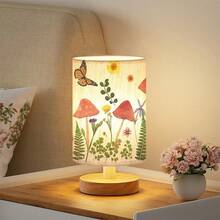 Mushroom  Patterns Desk Lamp LED Bulb Included(Three Lighting Settings), Small Bedside Table Lamp - Classic Wood Base With Flaxen Fabric Shade, Lamps For Night Stands, Simple Nightstand Light For Bedroom, Office, Desk - 彩色 - 查看 1