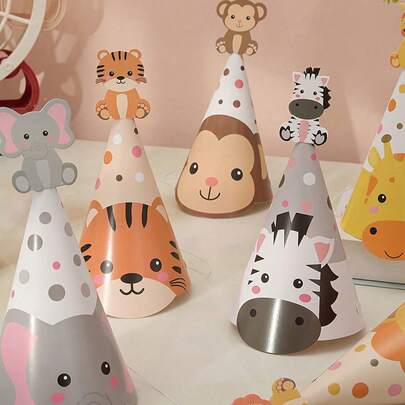 丛林动物生日派对帽 - 可爱的卡通大象、狮子、猴子、长颈鹿、河马和豹子图案，搭配绿叶装饰 - 轻便耐用的纸质帽子，丛林主题派对用品，适合圣诞节、新年、情人节和各种派对活动