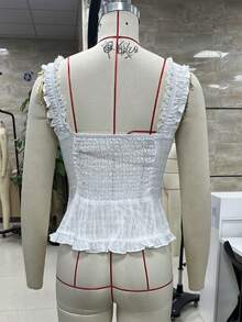 Women Solid Color Lace Tank Top Cute Y2K Lace Crop Vest Casual Square Neck Open Front Cami Top Summer Streetwear - 白色 - 查看 9