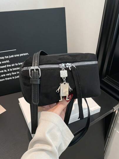 1pc Solid Color Denim Print Box-Shaped Bag With Adjustable Shoulder Strap And Buckle Closure, Fashion Women's Handbag, Crossbody Bag, Vintage Suede Texture, Suitable For Daily Use, University, Work, Dating, Shopping