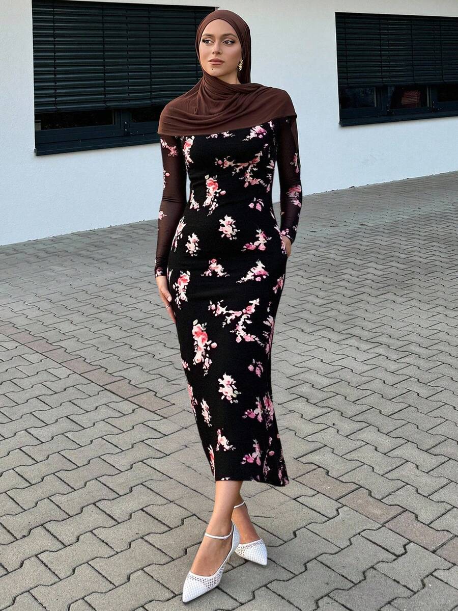 DAZY Vestido cuadrado de malla con estampado floral para damas, vestido de fiesta de graduación, Año Nuevo, vestido elegante de mujer de talla maxi para otoño - Negro - Ver 1