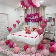 5/13/35/52/563pcs Fuchsia Pink Happy Birthday Set, Includes Fuchsia Pink Happy Birthday Letter, Heart, Bow Foil Balloons, Suitable For Ladies Theme, Birthday Room Decor, Anniversary, Birthday Party Balloons - Multicolor - View 3
