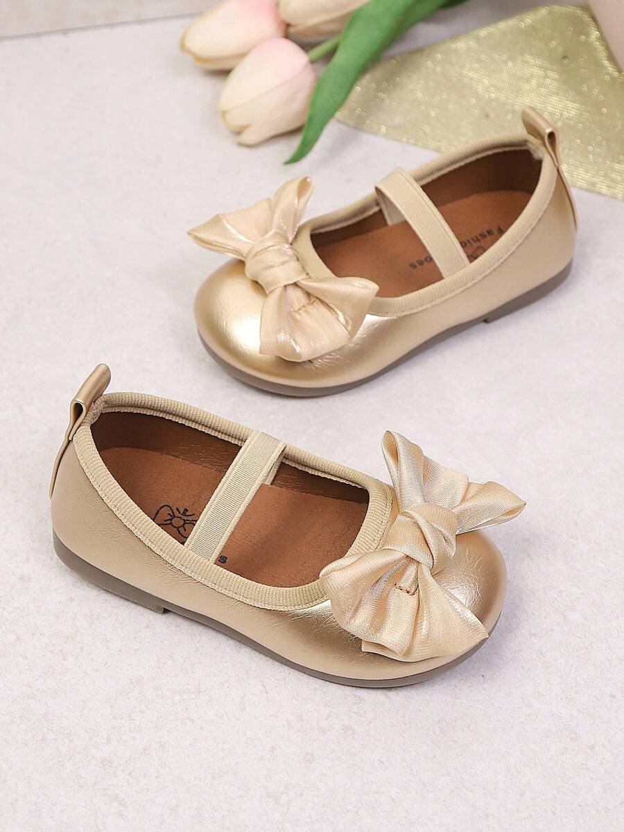 1 Pair Girls' Lace Bow Soft Bottom Sweet Cute Princess Style Slip-On Flat Shoes, Suitable For Spring & Autumn - Gold - View 1
