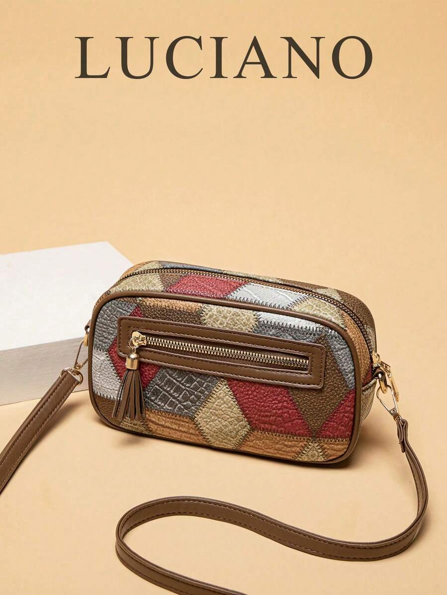 1pc Retro Minimalist Zipper Design Crossbody Bag, Versatile Contrast Color Geometric Pattern Casual Shoulder Bag, Suitable For Commuting, Shopping, Daily Outings, Travel, For Women, Moms, College Students - Red - View 1