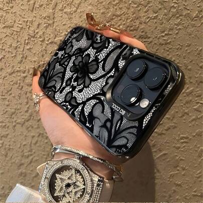 1pc New Hollow Lace Floral Print, IMD Laser Soft Edge Hard Back Smartphone Case, Compatible With IPhone 17 16 15 14 13 12 11 Plus Pro Max Series, Personalized INS Style Protective Cover, Fashionable Minimalist Full-Body Shockproof Cute Picture, Business Anti-Fall High-End Gift, Birthday/Holiday Gift