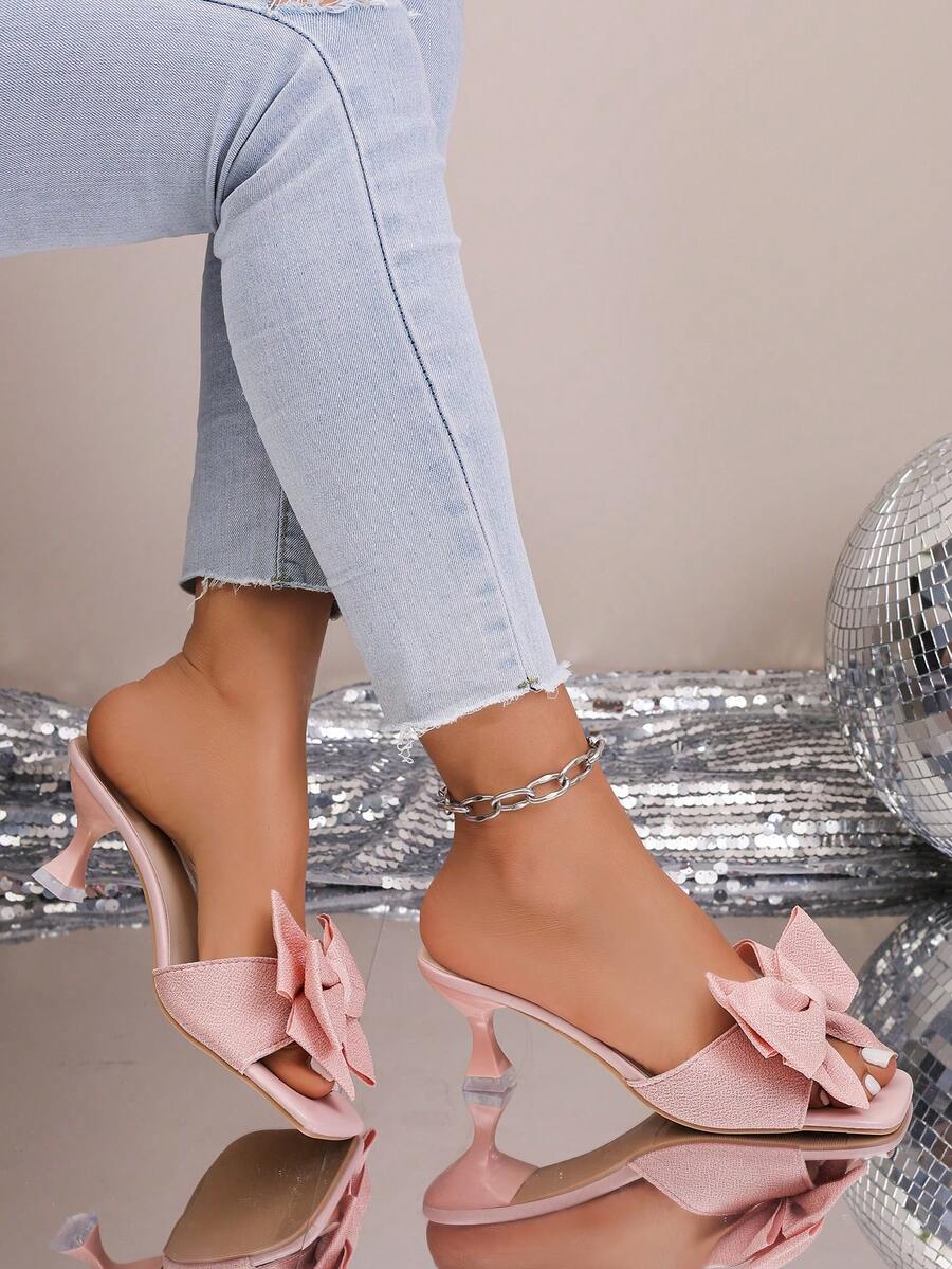 Chinelos de Salto Alto com Flor em Laço Exclusivos para Mulheres, Confortáveis Casuais Estilo Francês Sola Macia para Praia no Verão - Rosa chiclete - Visão 1