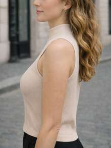 Blusa sin manga, acanalada, top de mujer, cuello alto, tejida, fresca, ligera - Albaricoque - Ver 3