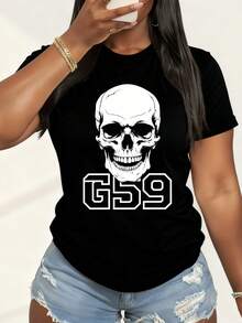 Women's T-Shirts Skull With Goggles And G59 Text 100%, Breathable-1 - 黑色2 - 查看 2