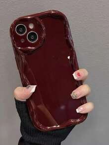 Wine Red Glossy Cream Trim Phone Case Compatible With IPhone 17 Pro Max/16/15/14/13/12/11, Wavy Edge Shockproof Protective Cover - Burgundy - View 4