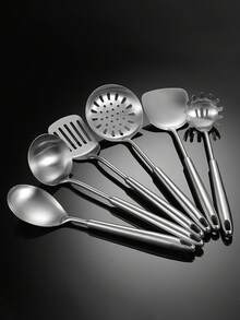 1pc Stainless Steel Cooking Spatula, Kitchen Utensil With Long Handle, Soup Ladle, Strainer, Frying Pan Scraper, Rice Paddle - Silver - View 10