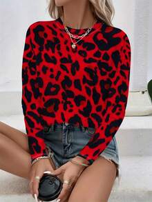 Women's Red Leopard Print T-Shirt - Long Sleeve Round Neck Blouse With Full-Body Animal Print, Spring/Autumn Casual Top For Home, Office & Daily Wear, Machine Washable Non- Shirt For Layering Or Standalone Outfits - Mixed Color - 查看 8