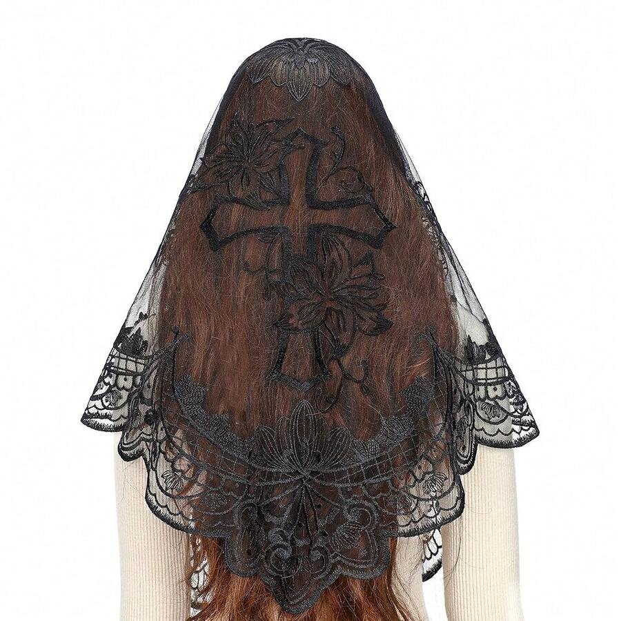 Bozidol Catholic Mantilla Mass Veil - Triangle Cross Embroidery Chu 1rch Lace Veil Spanish Chapel Mass Head Covering With Clips - black - 查看 1