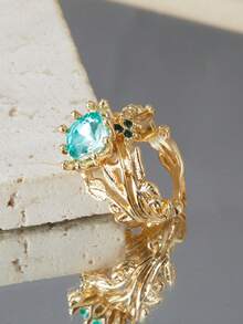 1pc Vintage Leaf Shaped Ring With Square Green Cubic Zirconia, Suitable For Women, Elegant Design For Wedding, Party, Birthday And Other Occasions - Ring - View 4