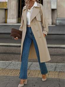 Damen klassischer Herbstmantel, Retro-Stil, minimalistisches Design, mit verstellbarem Taillengürtel und praktischen Taschen, geeignet für den Arbeitsweg und zum Schichten - Beige - Übersicht 2