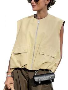 Women's Oversized Zip Up Cargo Vest Casual Ruched Hem Sleeveless Jackets Vest Top With Pockets - 淺黃色 - 查看 12