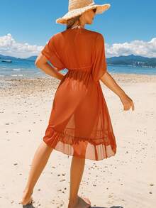 V-Neck Lightweight Sheer Kimono Cover Up For Summer - Burnt Orange - View 4