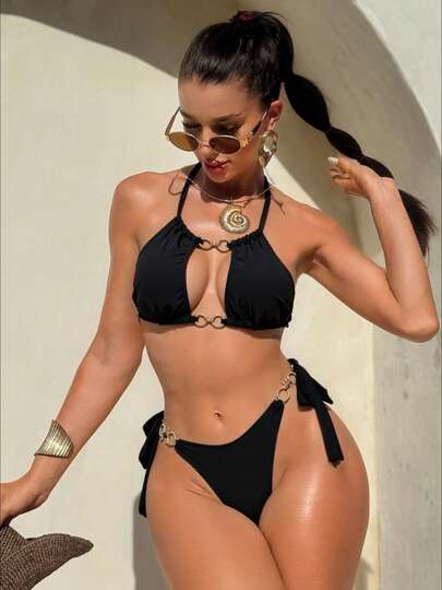 2pcs Women's Solid Color Metallic Accent Bikini Set, High-Quality Swimwear For Beach, Pool, Resort Wear In Spring/Summer Vacation Black