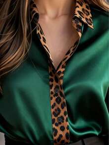 Camisa de manga larga elegante para oficina con botones delanteros y estampado de leopardo en patchwork, talla grande, para primavera - Verde Oscuro - Ver 4