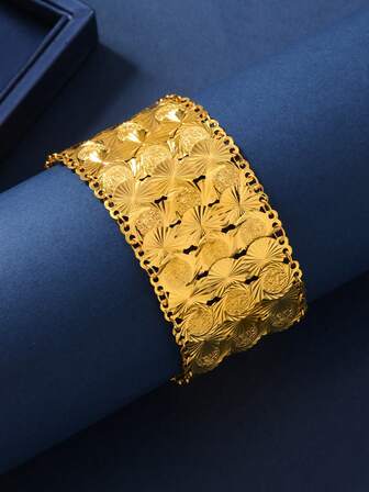 1 pieza Brazalete vintage de lujo con tono dorado, decoración de placa de metal hueca multicapa con patrón radiante de girasol y relieve redondo, elegante brazalete de cadena ancha para mujeres