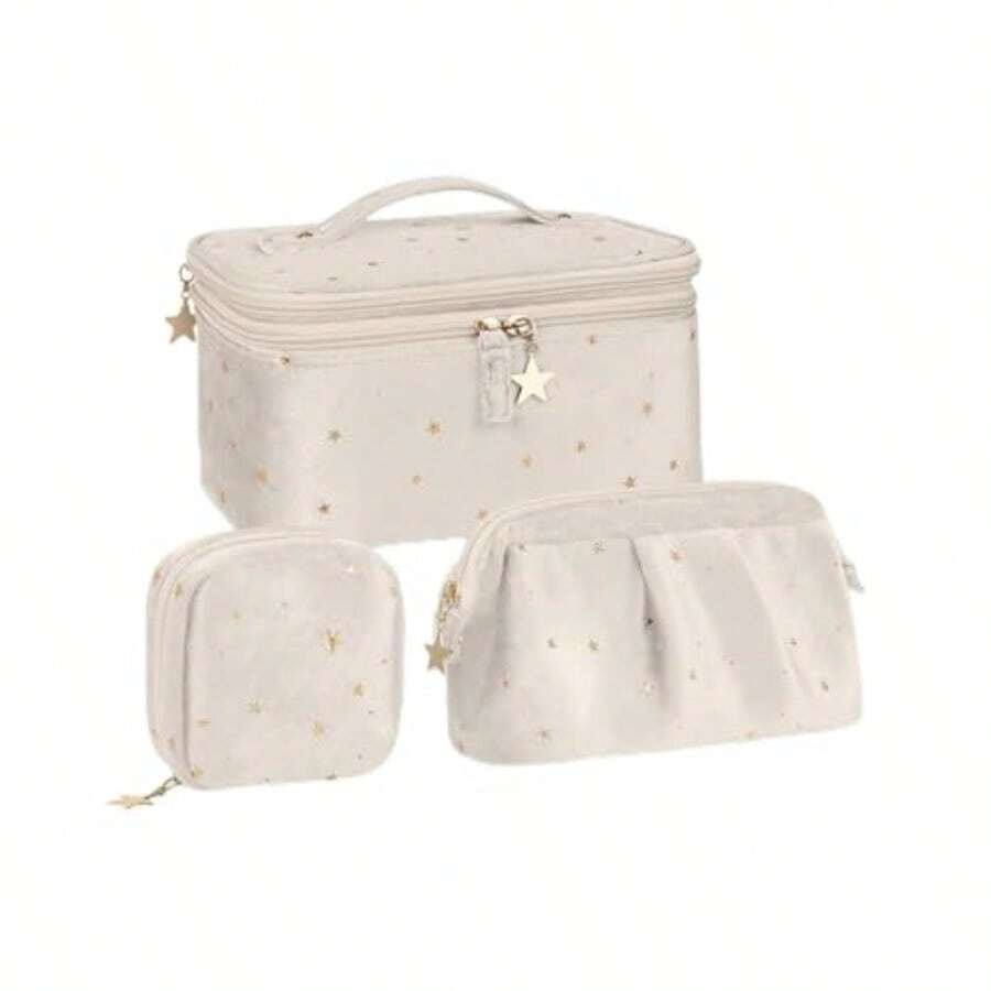XGDWedama - B de maquillaje de doble capa con almacenamiento de joyas y soportes para cas juego de 3 bs de maquillaje de terciopelo bs organizadoras de maquillaje de aje estuce - Beis - Ver 1