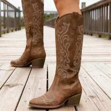 Women's Mid Calf Cowgirl Boots Cowboy Boots Pointed Toe Fashion Slip-On Chunky Heel Embroidery Stitched Western Camel Boots For Festival Party Shoes - 棕色 - 查看 4