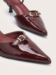 Pointed Toe Slip-On Buckle Strap Office Commute Stiletto High Heels - Burgundy - View 3