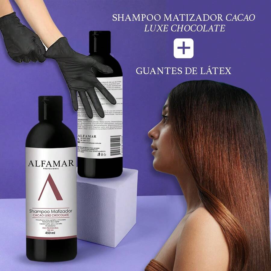 Shampoo Matizador Cacao Luxe Sin Sal Alfamar para Cabello Chocolate y Castaño, Intensifica el Color, Aporta Brillo y Suavidad, Uso Profesional con Guantes Incluidos