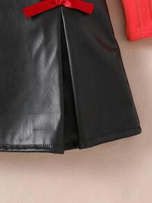 Girls' Outfit, Beaded Ruffle Trim Round Neck Long Sleeve Top + Elegant 3D Bow PU Leather Skirt Fashion Set, Suitable For Autumn Daily Wear, Birthday Party, Family Outing - Red - View 7