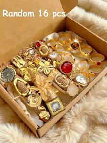 Vintage Elegant Retro Coin Style 3-19pcs Metal Inlaid Colorful Faux Gemstone & Pearl Flower, Bow, Geometric Hollow Multi-Layer Adjustable Ring Set, Personalized Y2K Jewelry Suitable For Women Men Couples, Party, Wedding, Anniversary, Gift