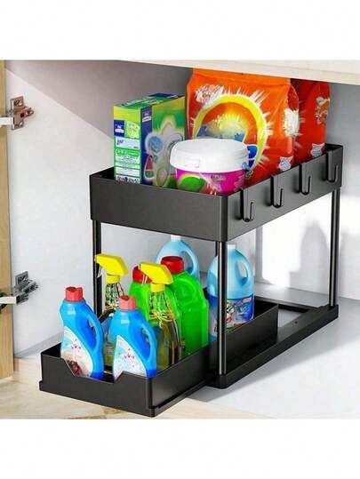 一套黑色双层滑动抽屉式储物架，适用于厨房、浴室、衣柜等水槽下方橱柜的收纳整理架