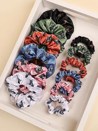 12 st hårsnoddar i satin med fjärilsmönster, lämpliga för kvinnors dagliga accessoarer, hårsnodd