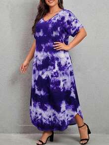 大码扎染隐藏口袋弧形下摆T恤连衣裙 - 紫羅蘭色 - 查看 4