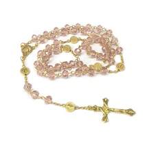 1PCS Pink Crystal Cross Rosary Necklace Transparent Colorful Crystal Necklace Jewelry - 粉紅水晶念珠項鍊-金色 - 查看 13