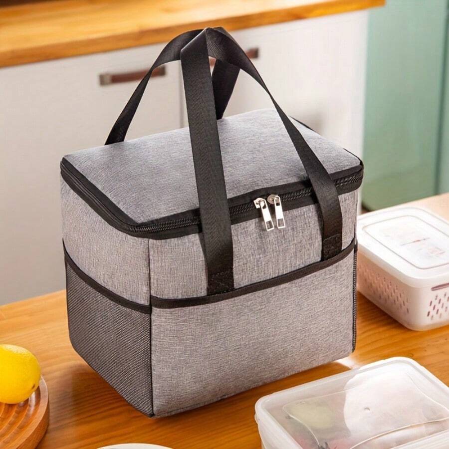 1 Piece Oversized Thermal Lunch Tote In Blue & Red, Durable Foil-Lined Handheld Bento Bag With Reinforced Cationic Fabric For Everyday Use, Work Lunches & Outdoor Activities, Featuring A Minimalist & Leisure Design - 灰色 - 查看 1
