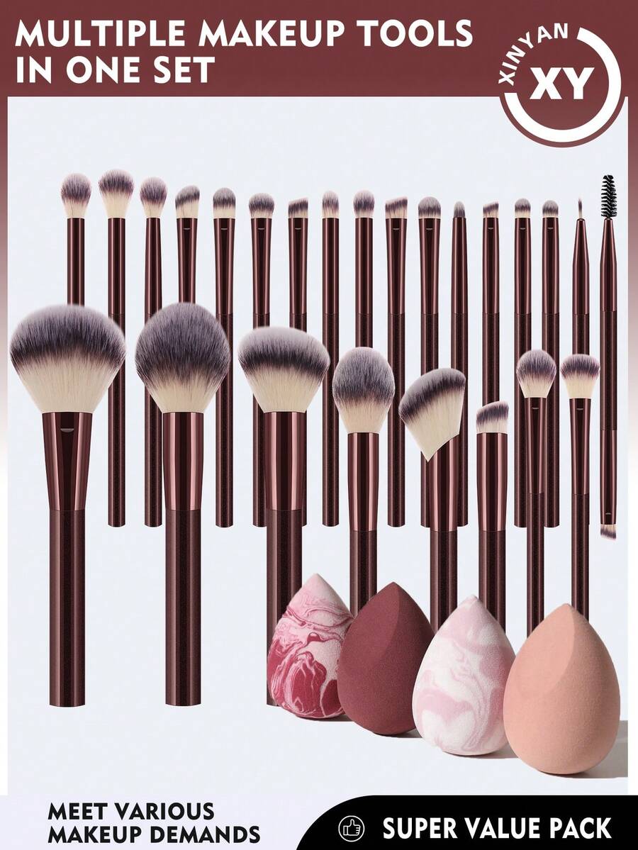 29件套化妆工具套装，包括：25支化妆刷套装+4个化妆海绵 - 酒紅色 - 查看 1