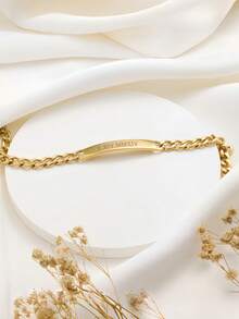 Customized Couple Name Bracelet, Personalized Fashion Curved Nameplate Bracelet, Stainless Steel Curved Nameplate Bracelet Can Be Customized With Name, Can Be Customized With Cuban Link/Figaro Chain Bracelet, Gift For Partner, Gold & Silver Hypoallergenic Simple Couple Name Bracelet - Engraved Bracelet - View 9