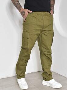 Men's Casual Cargo Pants With Multi-Pocket Design And Elastane - Olive Green - View 4