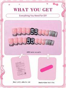 24pcs Short Square Leopard Print Pink & White French Embossed Nail Stickers, Decorated With Heart, Star And Friday Patterns, Cute Girl Style, Perfect Fit For Nails, Set Includes 1pc Jelly Gel And 1pc Nail File, Suitable For Women And Girls For Daily Wear And Various Party Occasions - Nhiều màu 7 - Xem 6