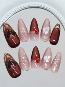 Almond-Shaped Nails, Perfect For Valentine's Day, Adorned With 3D Crystal Hearts And Cat-Eye Gold Lines, Exuding Elegance. Suitable For Parties, Dates, Valentine's Day, Or Other Holiday Occasions, These Nails Will Sparkle And Elevate Your Overall Style. Almond-Shaped Nail Stickers, Nail Art, Nail Decorations, Medium-Length Nails, Medium-Length Nail Stickers, Nail Supplies. - Multicolor - View 4